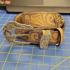 Western Style Brown Pleather Belt Gold Tone Buckle 45"